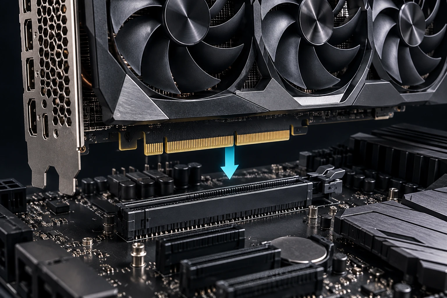 PCIe x16 슬롯에 그래픽카드 엣지 커넥터를 장착하는 모습